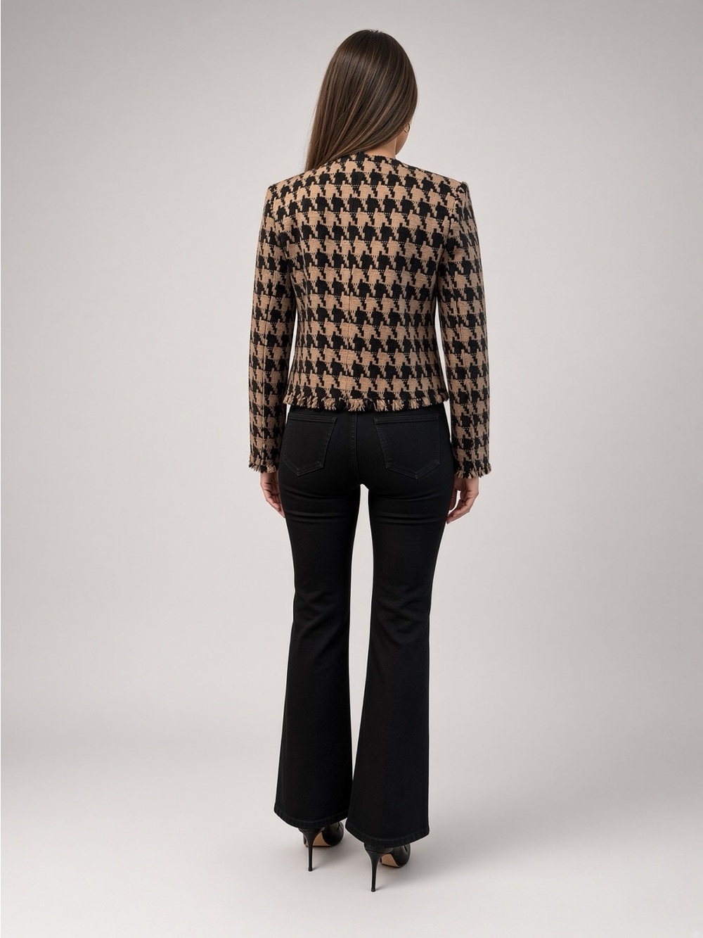 L'AGENCE Adette Black and Tan Houndstooth Fringe Tweed Jacket - Picture 3 of 7